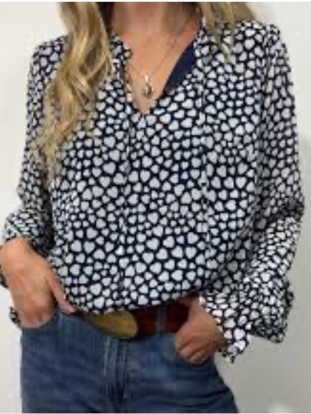 NWT J. Crew Navy & White Heart Print Long Sleeve Tie Neck Keyhole Lined Blouse